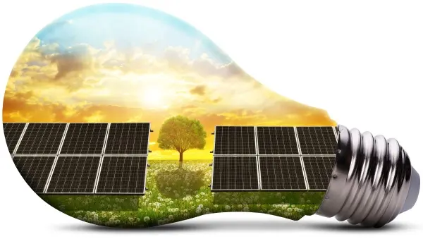 Smarter Renewable Energy concept, solar panels in light globe with sun